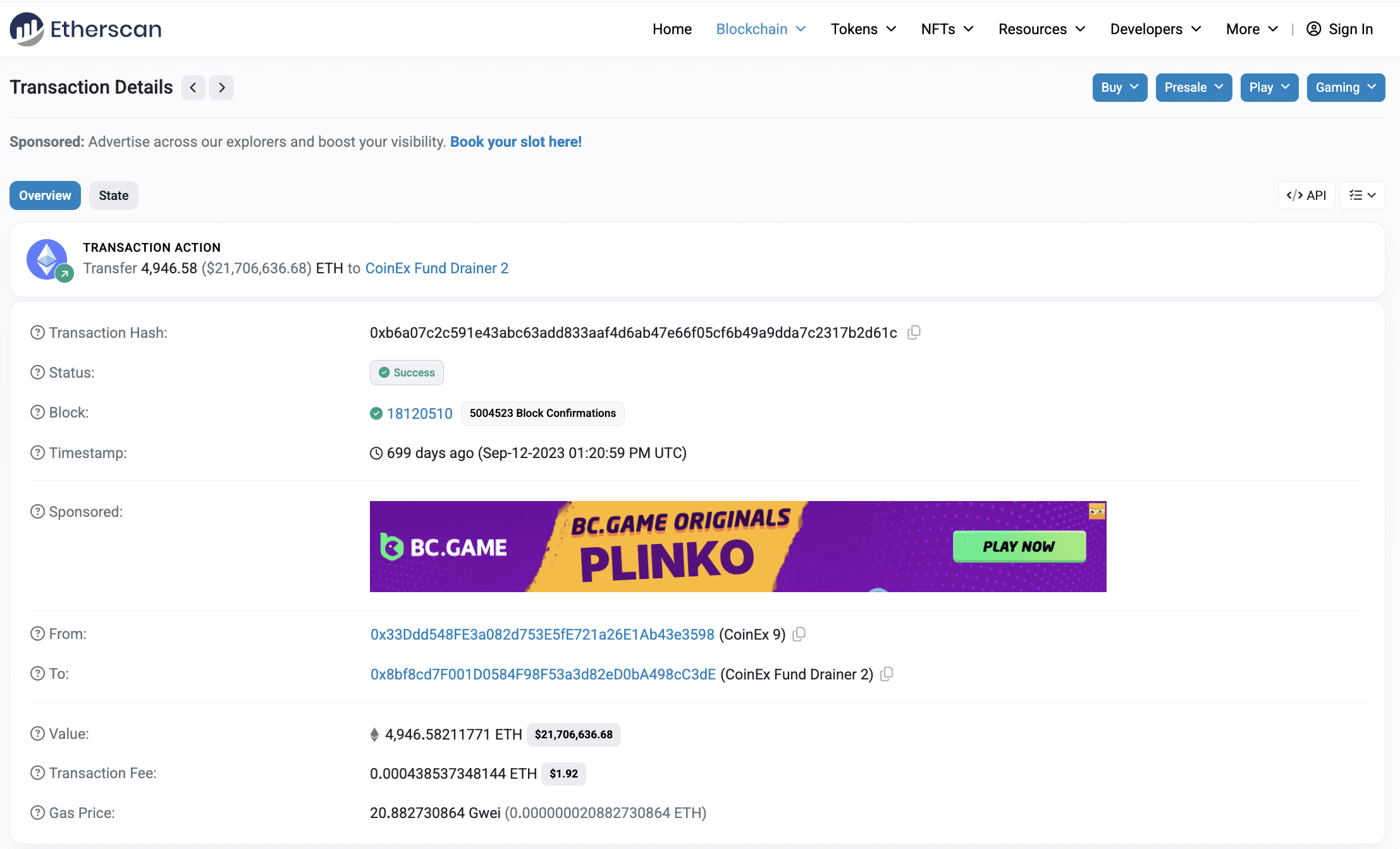 An Etherscan page displaying a transaction