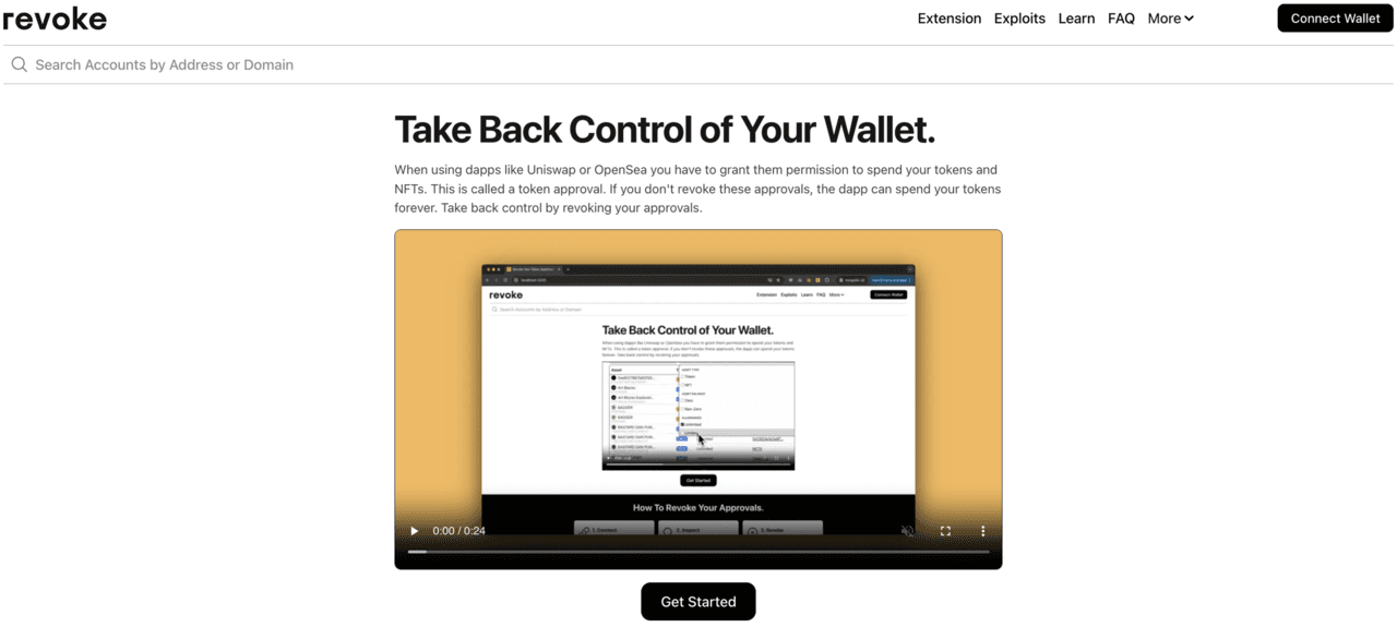 Revoke.cash with the search bar, where users can enter wallet addresses