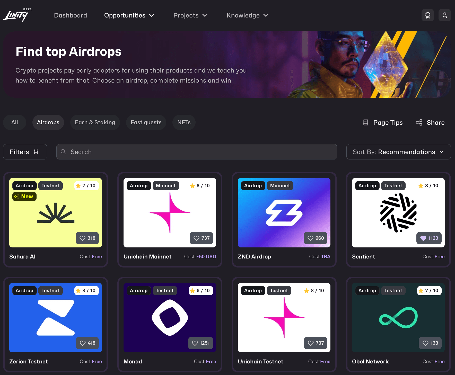 Top airdrop opportunities listed on Linity